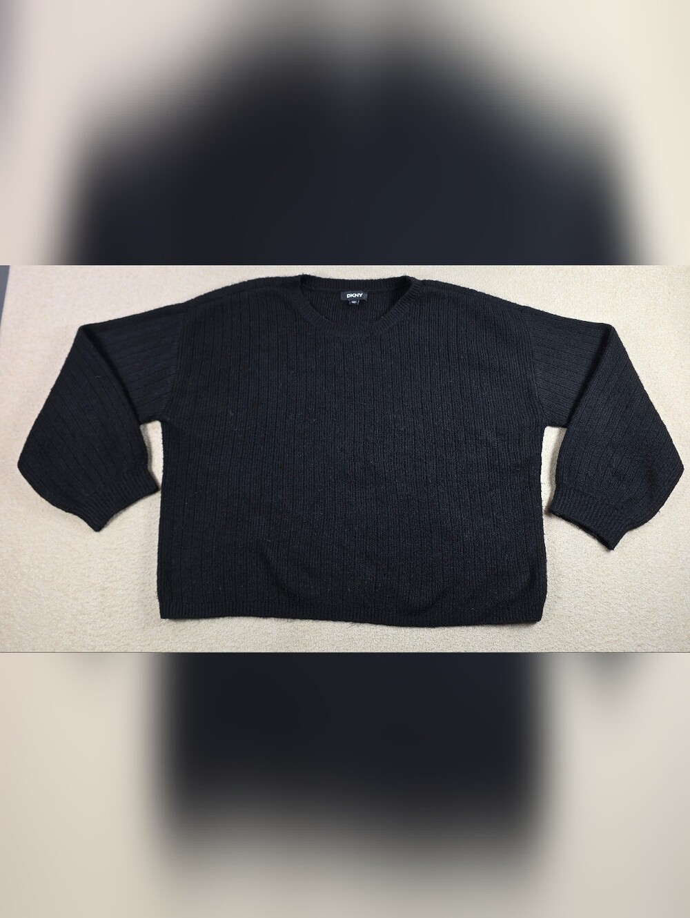DKNY Womens XL Black Ribbed Knit Sweater Cashmere Blend Balloon Sleeve Top